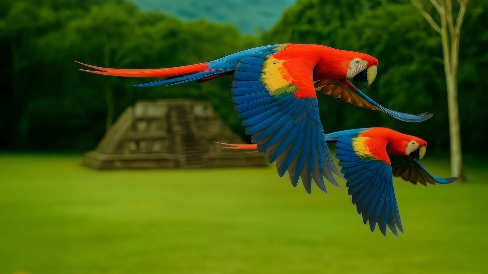 Colorful scarlet macaws flying over Mayan ruins in Copán, Honduras
